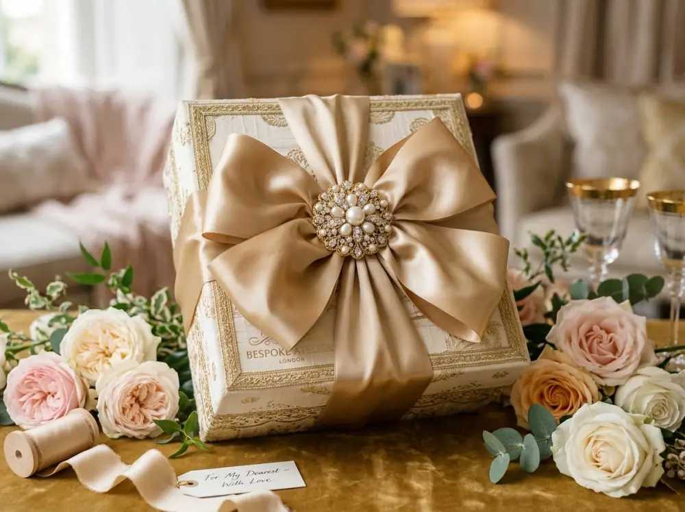 A bespoke gift box finished with a satin bow and pearl brooch